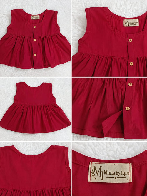Red girls lawn top front, back, and button details