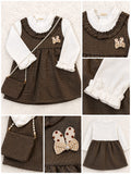 Brown checked girls winter dress with white inner and matching pearl-strap mini bag