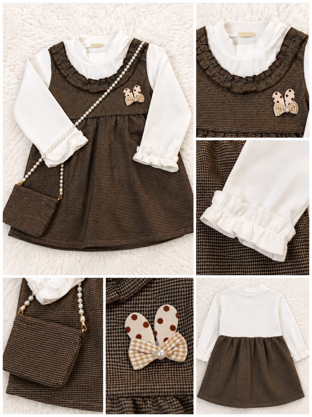 Brown checked girls winter dress with white inner and matching pearl-strap mini bag