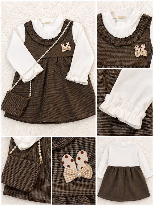 Brown checked girls winter dress with white inner and matching pearl-strap mini bag